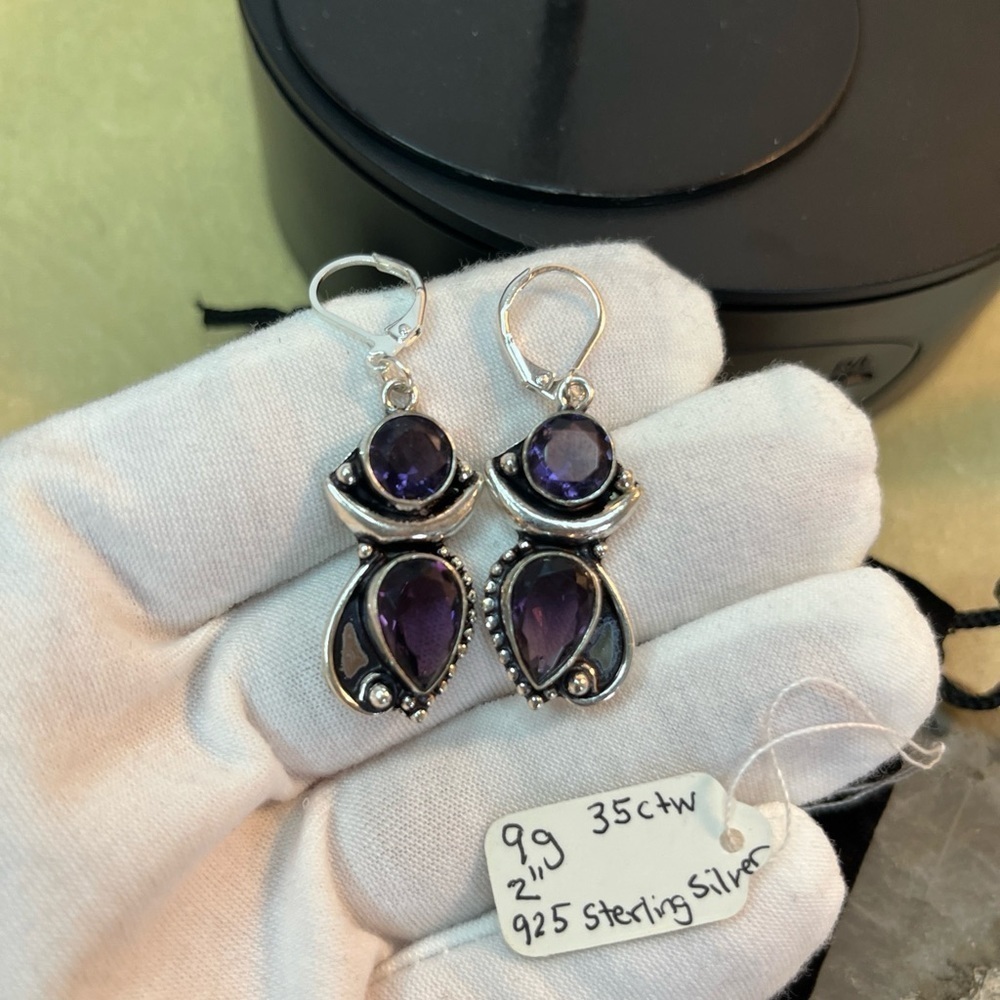Sterling Silver Amethyst Drop Earrings - Purple Teardrop Dangle - Picture 6 of 8